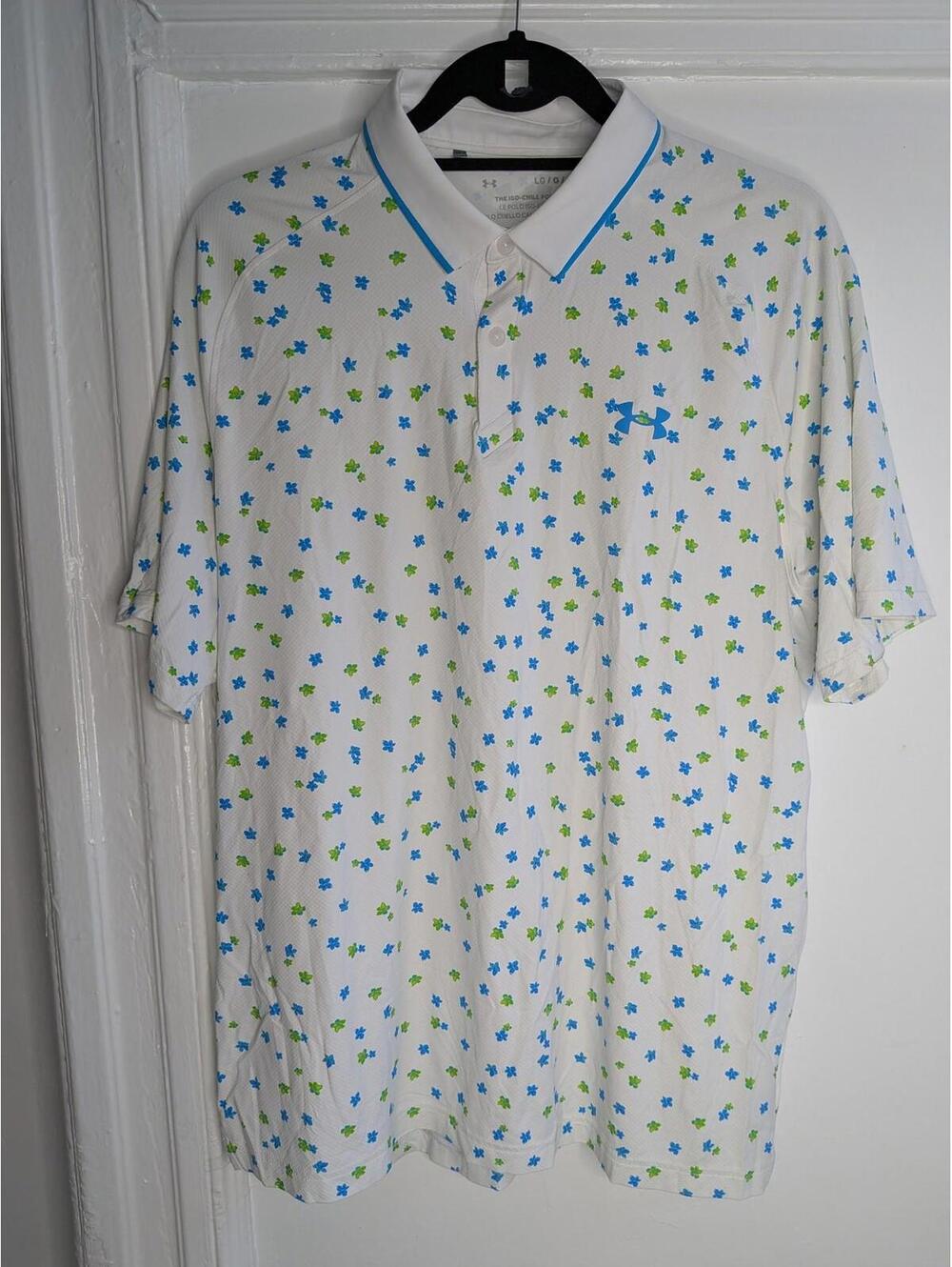 Under Armour Iso-Chill Polo Shirt Mens Large White Floral Performance Golf Logo
